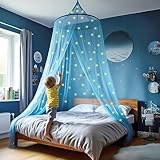 Blaues Betthimmel mit vorgeklebten leuchtenden Sternen - Prinzessinen Moskitonetz für Mädchen Zimmerdekoration Blau - Himmelbett Vorhänge für Kinder und Baby Bett