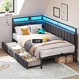 DICTAC Schlafsofa, 90 x 200 cm, mit LED-Beleuchtung und USB-Stecker, Bettgestell 90 x 200 cm, mit Lattenrost aus Metall, Bett, Bank, Bett, Truhe, Kinderbett mit 2 Schubladen, dunkelgrau, ohne Matela