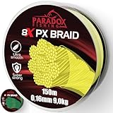 Paradox Fishing 8X PX geflochtene Angelschnur I Chartreuse gelb 150M - 0,16mm - 9,0kg – Angelschnur geflochten- 8fach eng geflochten – perfekt zum Spinnfischen