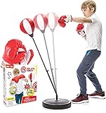 Whoobli Boxball für Kinder inkl. Boxhandschuhe, 3 - 10 Jahre, verstellbarer - mit Ständer, Set Spielzeug für Jungen und Mädchen (Rot-Weiß)