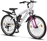 Licorne Bike Guide Premium Mountainbike in 24 Zoll Fahrrad für Mädchen Jungen Herren und Damen - 21 Gang Schaltung (weiß/rosa 24 Zoll)