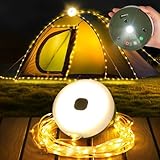 FOMYHEARD 10M Camping Lichterkette Aufrollbar, 3 in 1 Outdoor Lichterkette mit 9 Beleuchtungsmodi, Tragbare Wasserdichte LED Lichterkette Außen, USB Aufladbar Campinglampe für Camping, Hof und Wandern