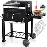 KESSER® Grill Grillwagen BBQ Smoker XL Holzkohlegrill mit Deckel, Rädern, Edelstahl-Griff, Grillrost, Thermometer, & Silikon-Pinsel, Standgrill, Kohlegrillwagen
