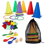 KreativeKraft Outdoor Spiele für Kinder Set Kindergeburtstag Spiele für Draußen Party Wurfspiele Gartenspiele Eierlauf Spiel Sackhüpfen Ringe (4 in 1 Satz)