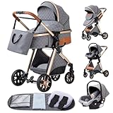 YAZOCO kinderwagen 3 in 1 Buggy Babybett Komplett Set Einem Klick Zusammenklappbarer Kinderwagen, KombiKinderwagen Aluminiumrahmen für Neugeborene Sitzzubehör (4 grau)