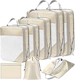 POWZOO 8 Teilige Compression Packing Cubes Set,Kleidertaschen,Schuhtaschen,Koffer Organizer Set,Organizer Packing Cubes Compression,für Koffer,Backpack,Reise Organizer,Ordnungssystem für Koffer-Beige