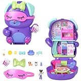 Polly Pocket Puppen und Spielset, Übernachtungsparty-Welpen-Schatulle, Spielzeug für unterwegs mit 1 kleinen Puppe, Hündchen, Zubehör für Mode und Essen, JCR38