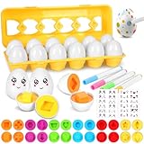 KOMABLEN 12Pcs Passende Eier Montessori Spielzeug, Eier Kinder Farb und Formen Sortierung Anerkennung, Puzzle Eier Sensorik Spielzeug Kleinkinder Mit Aufklebern und Stift für Ostern, Kindertag