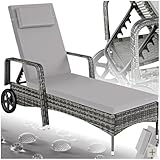 tectake Poly Rattan Gartenliege mit Rollen, 6-Fach höhenverstellbarer Liegestuhl, bis 120kg belastbar, Sonnenliege Rattan (wetterfest), Liege inkl. Polster und Kissen - grau/hellgrau