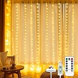 btfarm Lichtervorhang 3x3m, 300 LED Lichterketten Vorhang Innen mit Fernbedienung 8 Modi Timer USB Lichterkettenvorhang Wasserdicht für Schlafzimmer Zimmer Party Weihnachten Deko, Warmweiß