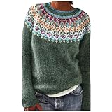 Damen Norweger Pullover Große Größen Strickpullover Rundhals Pulli Langarm Sweater Norwegermuster Warme Winterpullover Oberteile Lockere Jumpers Klamotten Teenager Mädchen Winter Herbstmode 2024