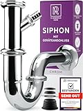 Universal Siphon für Waschbecken und Waschtisch mit Geräteanschluss - Einfache Montage + Höhenverstellbar + Abflussrohr Genormten 1 1/4' + Wandrosette + Gummimanschette Röhrensiphon Geruchsverschluss