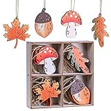 VALERY MADELYN Holz Deko Hänger Herbst Dekoration 24er Set 4.5-5.5cm Ahornblatt Kiefernzapfen Pilz Blätter Herstdeko Bunte bemalt Fensterhänger mit Schnur zum Aufhängen Erntedankfest Thanksgiving