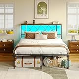 IRONCK Bett 140x200 mit LED Beleuchtung, Bettgestell 140x200 mit Steckdose, 1 USB, 1 Typ-C-Anschlüsse, Metallbett mit Kopfteil und Stauraum, Jugendbett, Doppelbett mit Metal Lattenrost