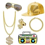 UBERMing Hip Hop Kostüm 6er Set Enthält Aufblasbare Radio Boombox Golden Baseball Cap Personalisiert Goldene Dollar Kette Brille Armband & Ring 80er 90er Jahr Rapper Zubehör für Fasching Karneval