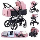 YAZOCO kinderwagen 3 in 1,Kombikinderwagen reisesysteme mit tragbar Moskitonetz Regenschutz Fußsack, Zusammenklappen, Liegeposition Hohe Landschaft (1 Rosa)