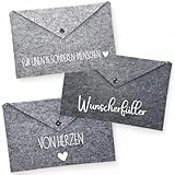 MIJOMA Geschenkumschläge aus Filz – 3er-Set Geldgeschenkverpackung mit Sprüchen – 100% Polyester – 25x16,5 cm – Umschläge mit Druckknopf & Trageband – Ideal für besondere Anlässe