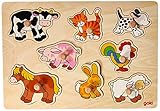 goki 57873 Steckpuzzle Bauernhof VII, 30 x 21 cm – Holzpuzzle mit 8 bunten Bauernhoftieren und großen Greifknöpfen