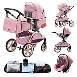 YAZOCO kinderwagen 3 in 1, Zusammenklappbar kinderwagen mit Wickeltasche,Komplettset Becherhalter,Moskitonetz, Fußabdeckung,Sitzzubehör (5 Rosa)