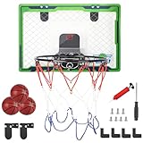 DBREAKS Mini Basketballkorb mit Elektronische Anzeigetafel und Licht, Indoor Hoop Basketballkorb für Kinder, Basketballkörbe Tür mit 3 Bällen, Wandmontage Basketball Reifen fürs Zimmer, ab 3+ (Grün)