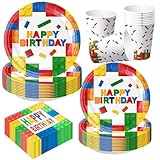 50 Stück Baustein Partygeschirr Set,Partygeschirr Geburtstag,Kindergeburtstag Geschirr Set,Kindergeburtstag Deko,Baustein Geburtstag Deko,Mit Teller Becher Servietten,Party Geschirr für 10 Gäste