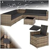 tectake Polyrattan Gartenlounge, frei zu gruppierende Balkon Möbel, Gartenmöbel Set mit einem Beistelltisch Outdoor, inkl. Auflagenbox und Sitz- und Rückenkissen - Natur