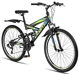 Licorne Bike Strong V Premium Mountainbike in 26 Zoll - Fahrrad für Jungen, Mädchen, Damen und Herren - Shimano 21 Gang-Schaltung - Vollfederung - Schwarz/Blau/Lime