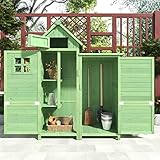 Gegtuon Gerätehaus mit Satteldach, Geräteschuppen Gartenhaus Gartenschrank aus Holz mit Fenster 2 Türen & Stauraum Ablagen, Wetterfest Outdoor Schuppen für Garten Terrasse, 118x54cm (LxB), Grün B