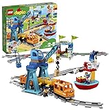 LEGO 10875 DUPLO Güterzug, Eisenbahn, „Push & Go“-Lok mit Lichtern und Geräuschen, Funktionssteinen und 2 Kranen, Geschenkidee für Kinder ab 2 Jahren
