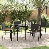 PHGTYUK Garten Essgruppe 5 pcs Schwarz Poly-Rattan Set mit Sicherheitsglas Tischplatte und Akazienholz Armlehnen, Modernes Outdoor Esstischgarnitur für Terrasse Balkon Garten,