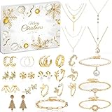 2024 Schmuck Adventskalender für Frauen Mädchen, 24 Überraschungen Count Down Kalender mit Golden Armband, Halskette, Ohrringe Weihnachtsgeschenke für Mutter, Frau, Freundin und Tochter