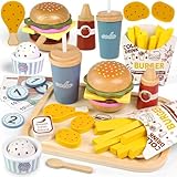 Airlab Kinderküche Spielküche Zubehör aus Holz, Küchenspielzeug Hamburger Fast Food Set Holz Lebensmittel Spielzeug mit Deutscher Speisekarte, Kaufladen Zubehör, Pädagogisches Rollenspiel Geschenk