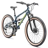 BIKESTAR Kinder Fahrrad Aluminium Fully Mountainbike 21 Gang Shimano, Scheibenbremse ab 9-14 Jahre | 24 Zoll Kinderrad Vollgefedert MTB | Grün
