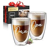 ElbFuchs® Doppelwandige Latte Macchiato Gläser | OMA + OPA | 2x 350ml [GESCHENKIDEE] Kaffeegläser doppelwandig ideal als Schwangerschaftsverkündung für Oma und Opa und werdende Großeltern