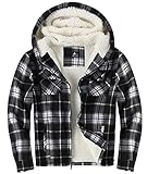zitysport Hemdjacke Herren Hemd Sherpa Fleece Kariert Gefüttert Kapuzenpullover Fleecefutter Mantel Winter Jacke mit Taschen Flanellhemd Kariertes Männer Sweatjacke mit Kapuze(schwarz und weiß,XL)