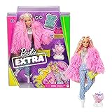 Barbie GRN28 - Extra Puppe, flauschiger pinker Mantel mit Einhorn-Schweinchen, extra-lange wellige Haare, mehrschichtigem Outfit & Accessoires, bewegliche Gelenke, Geschenk für Kinder ab 3 Jahren