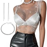 Netzoberteil Netz Oberteil Damen Festival Mesh Oberteil Damen Glitzer Oberteile Dame Glitzer Netz Ober-teil V-Ausschnitt-Top Festliche Party-Ober-teile Halskette Mit 1 Strasskette und 1 Paar Ohrringen