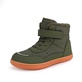 TIAROOTT Kinder Winter Barfußschuhe Warme Gefüttert Schneestiefel mit Klettverschluss Barfußschuhe Winter Kinder Schneestiefel Breiter Zehe Wanderschuhe Leicht Rutschfest Winterstiefel,Grün,Gr.34
