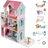 mamabrum Puppenhaus Holz XXL 123 cm mit LED – Großes Puppenhaus ab 3 Jahre mit Möbel & Garten – Doll House mit Licht & Zubehör – Kreatives Spielhaus für Mädchen