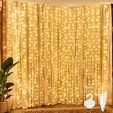 Ollny LED Lichtervorhang 2x2m, 200 LEDs Lichtervorhang innen USB warmweiß, Lichterkette innen fenster mit 10 Haken, für innen und außen Deko Weihnachten Hochzeit Party Fenster Wand Balkon