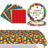 POPOYU 37 Stück Bausteine Partygeschirr Set,Bausteine Geburtstag Deko Mit Teller Servietten Tischdecken,Bausteine·Dekoration Geschirr Partyzubehör für Junge Mädchen Kindergeburtstag(16 Gäste)