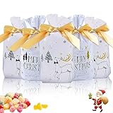 50 Stücke Weihnachten Geschenkbeutel,Weihnachten Süßigkeiten Tüten,Geschenkverpackung Taschen,Süßigkeiten Taschen,Geschenktüten Weihnachten mit Band&mit Kordelzug,Xmas Party Süßigkeiten Packung