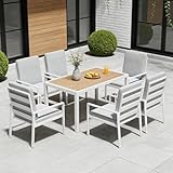 LANOX Gartenmöbel Set 6 Stühle mit Tisch – 7-teiliges Garten Essgruppe aus Metall & Aluminium, Gartentisch 140×80 cm, wetterfest, mit Kissen & Polywood Tischplatte, Weiß
