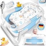 KIDIZ® Baby Badewanne | Babywanne platzsparend & faltbar | Badebecken Duschwanne für Neugeborene Kleinkinder 0-24 Monate | Reisedusche tragbar für Babys | Bathtub ergonomisch mit Thermostat & Kissen