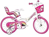 Dino Bikes 164R-UN Kinderfahrrad Einhorn, 16 Zoll Fahrrad mit Stützrädern, Schutzblech, Kettenschutz, Korb und Puppen-Aufsatz, Kinderrad mit Regenbogen Motive, für Kinder ab 6 Jahren, Weiß/Pink
