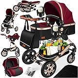 KESSER® Loops 4 in 1 Kinderwagen Kombikinderwagen Komplett-Set inkl. Babywanne & Buggy Sportsitz & Auto-Babyschale Voll-Gummireifen Wickeltasche Regenschutz Kindertisch ECE R129, Rot/Champagne