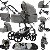 Reenborn Kinderwagen 3 in 1, Buggy mit Zwei Umkehrbaren Schiebemodi, Kinderwagen mit Rahmen Aluminiumlegierung, Kombikinderwagen 3 in 1 Komplettset Ein-Klick-Faltdesign (588 Grey)