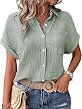 blusen & Tuniken für Damen,Musselin Bluse Damen Shirts Bluse Elegant Tunics Sommer Tshirt Kurzarm Leinen Knopf Bluse Lange Oversized T-Shirt Casual für Leggings