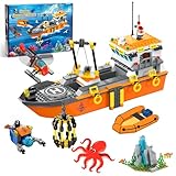 AKWME City Schwimmfähiges Schiff Bauspielzeug, Ozean Explore Schiffs Boot Forschungsschiff Spielzeug mit LED Licht, Hubschrauber, U-Boot, Haikäfig, Geburtstags Geschenke für 6-12 Jahre Jungen, Kinder