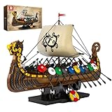 Reobrix Bauset Modell Piratenschiff Wikingerschiff, Mittelalterliches Wikingerschiff Kit mit Segeln und Schilden 66101, Geschenke für Männer Erwachsene und Jungen, Wikinger Dekoration für Büro oder